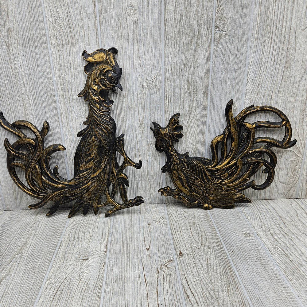 Vintage 1965 Syroco Rooster Wall Hanging Set Pair Black Gold Mid Century 5168